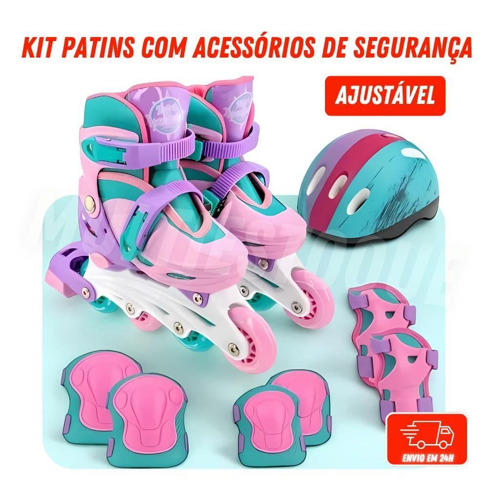 Kit Patins Acessórios De Segurança Rosa Claro - Tam. 30-33
