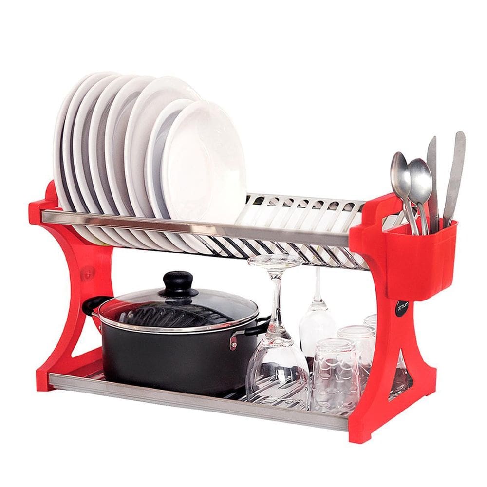 Escorredor De Pratos Alto Vermelho Inox 20 Pratos