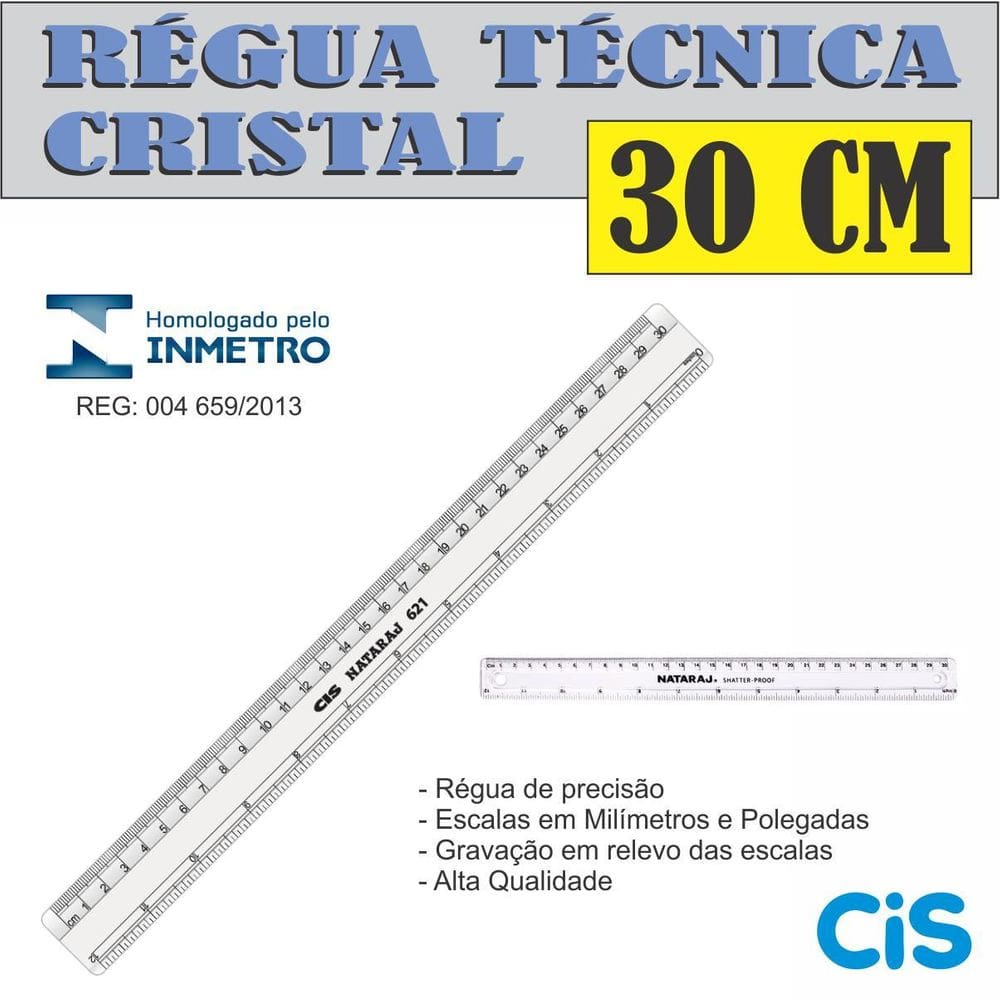 Régua 30 Cm Transparente Desenho Técnico Profissional Cis