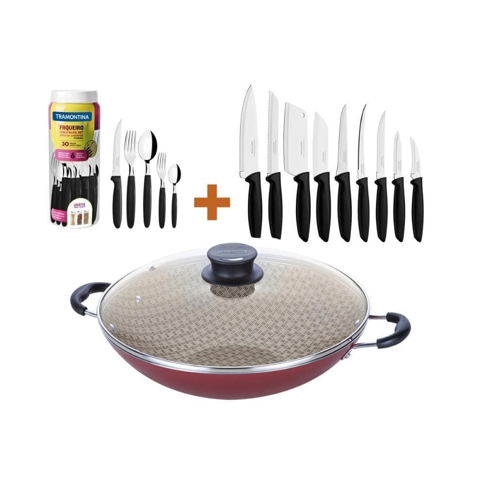 Panela Wok 6L 36Cm Verm + Faq 30Pç + Cj Facas 9Pç Tramontina