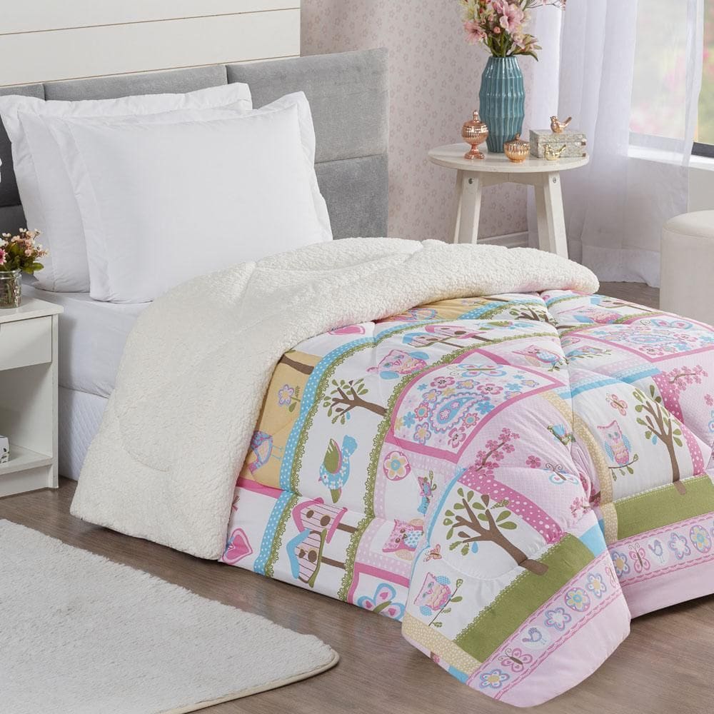Coberdrom Coruja Doly Solteiro Infantil Sherpa Rosa