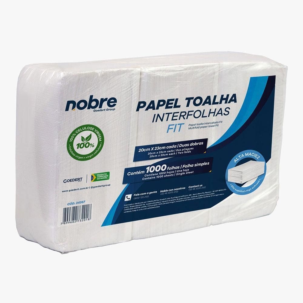 Papel Toalha Interfolhas 20x23cm - 1000fls - 100% Celulose