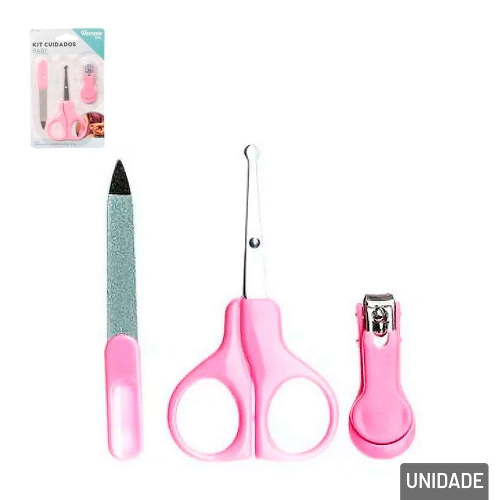 KIT Manicure Infantil 3 Peças Aço Inoxidável Rosa - Tudo em Caixa