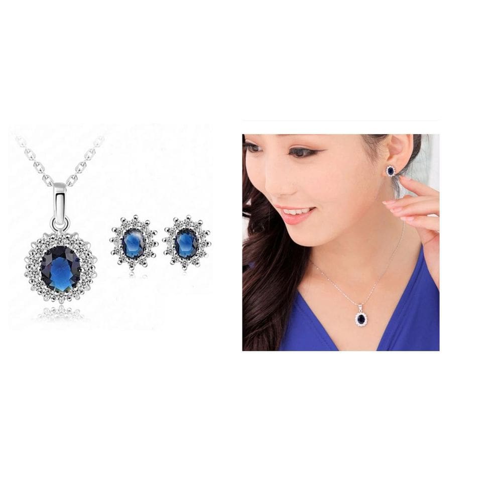 Conjunto Colar Zirconia Azul Marinho Brinco Folheado