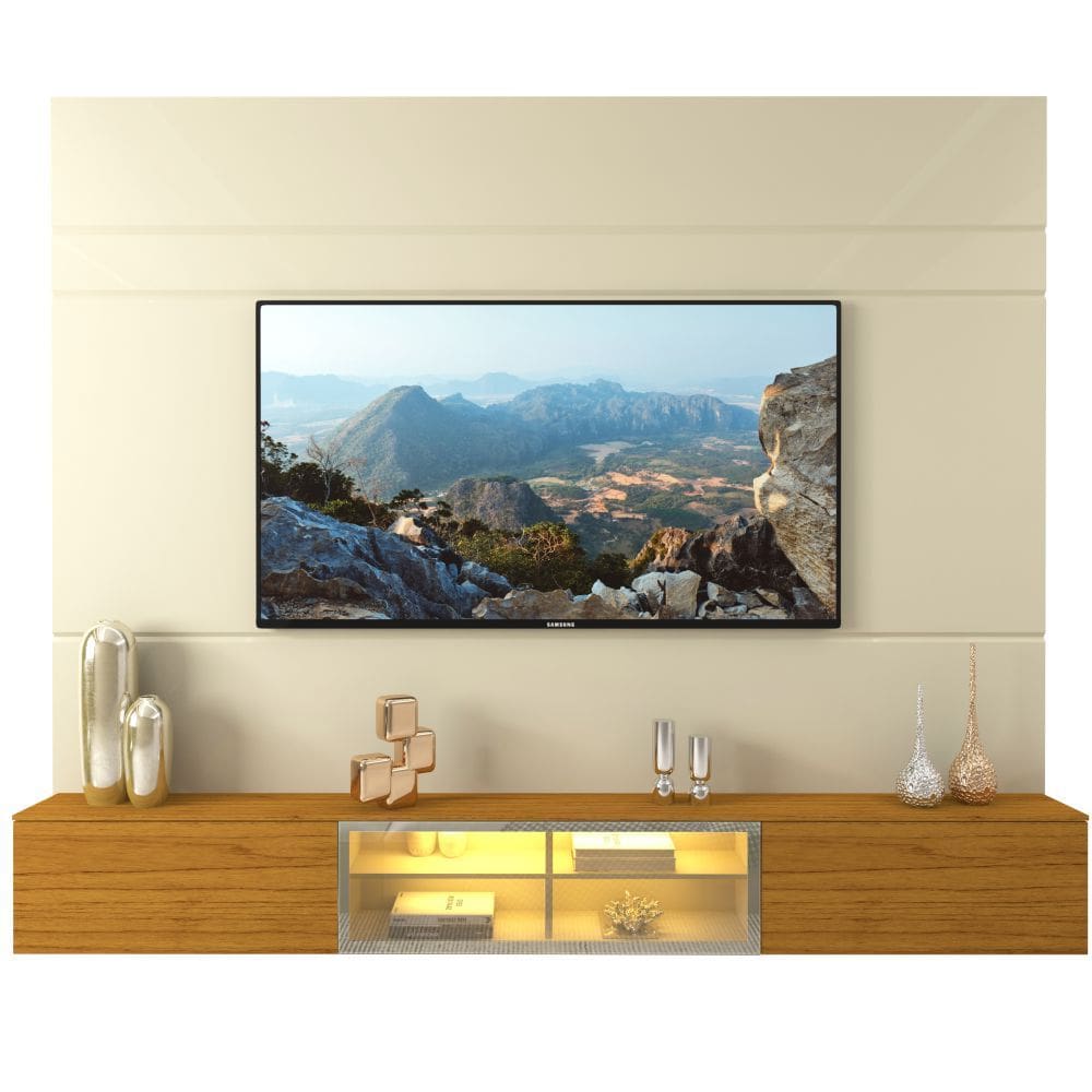 Painel Estante Home Suspenso Gelius Luminare Reflecta para TV de ate 85 polegadas com LED largura de 217 cm 100% MDF OFF White Naturale