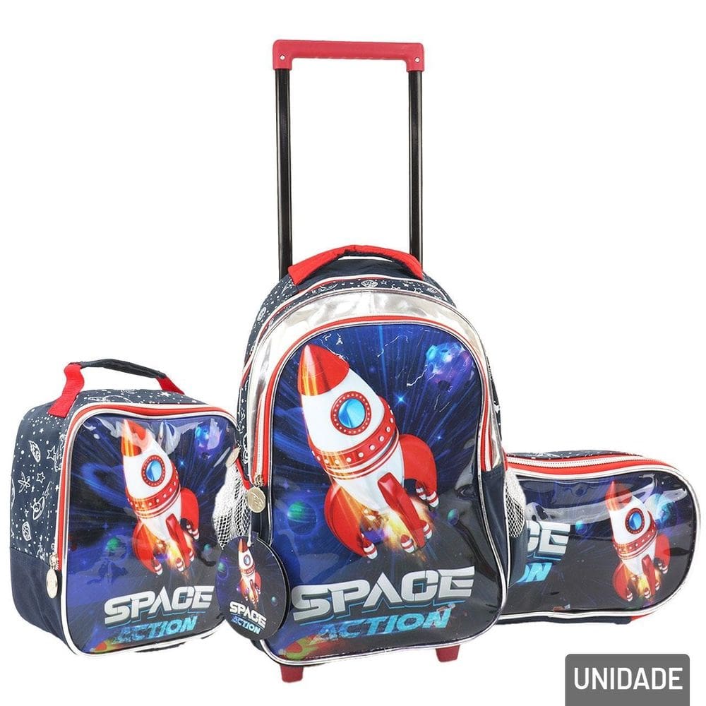 KIT Mochila de Rodas Infantil Foguete 3 Pçs - Tudo em Caixa