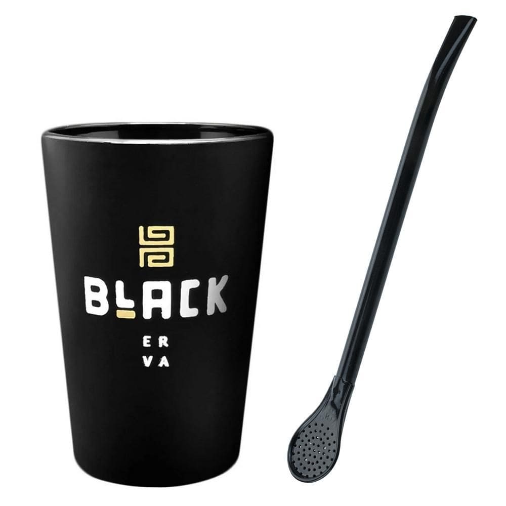 Kit Tereré Copo Cuia 350Ml Preto E Bomba Preta Black Erva