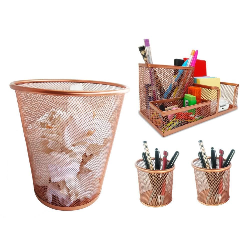 Kit Organizador, Porta Caneta E Lixeira Rose Gold Escritório