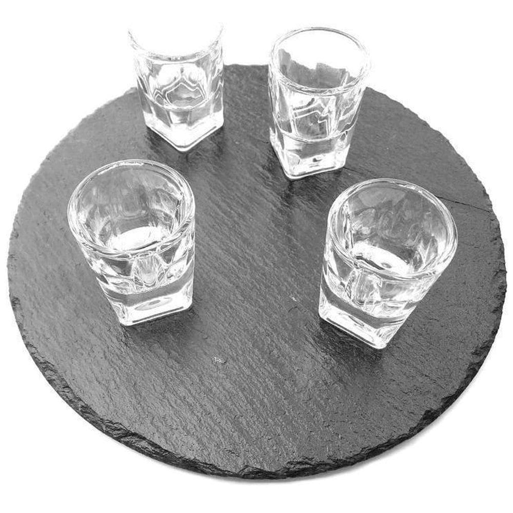 Tabua Em Ardosia Preta Com 4 Copinhos Licor Redonda 20Cm