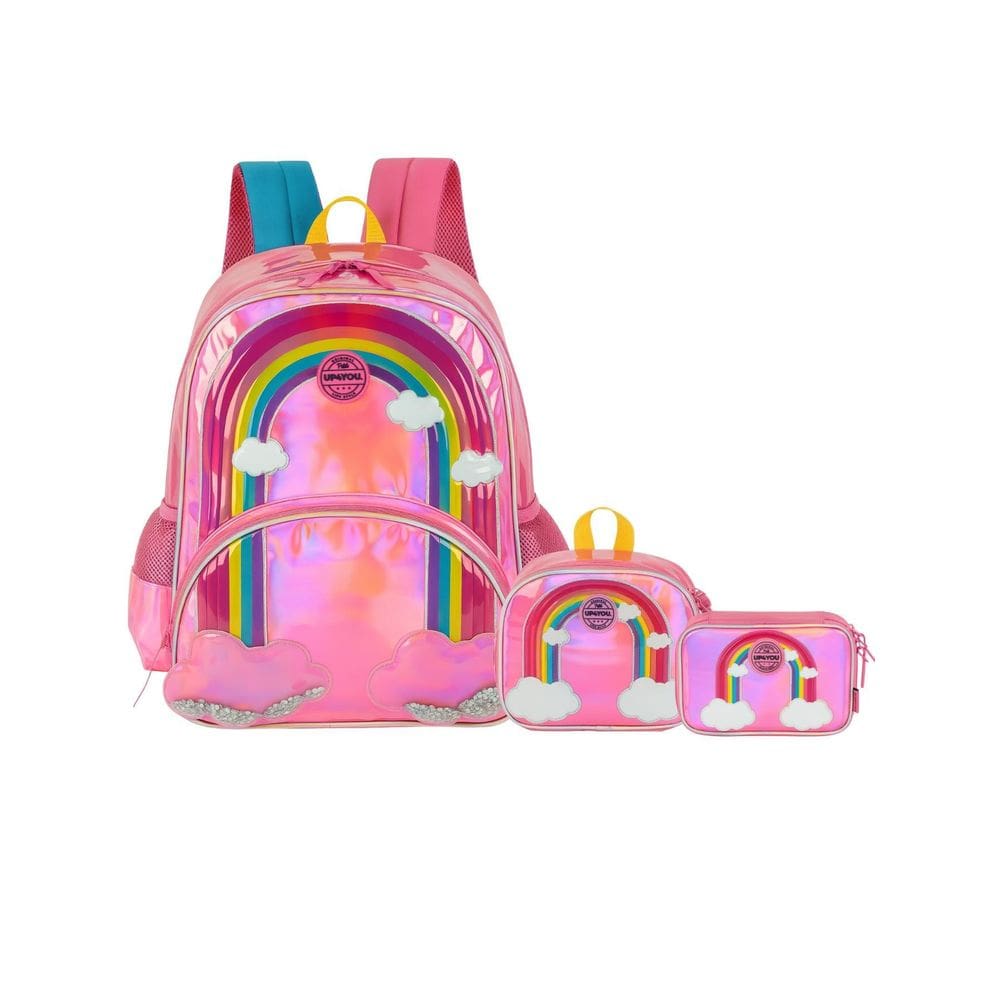 Kit Arco Íris Mochila Costas + Lancheira + Estojo Box