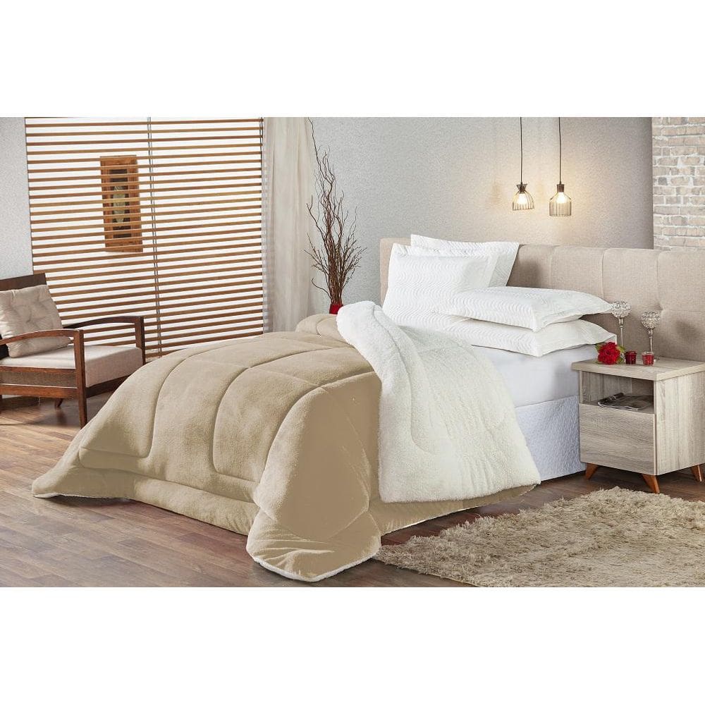 Edredom Sherpa Solteiro Pele Carneiro Cáqui 1,60m x 2,20m
