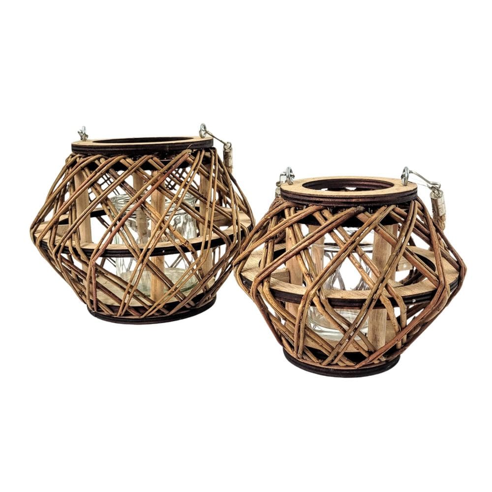 Kit 2 Lanterna Decorativa Lampião Castiçal Madeira Corda