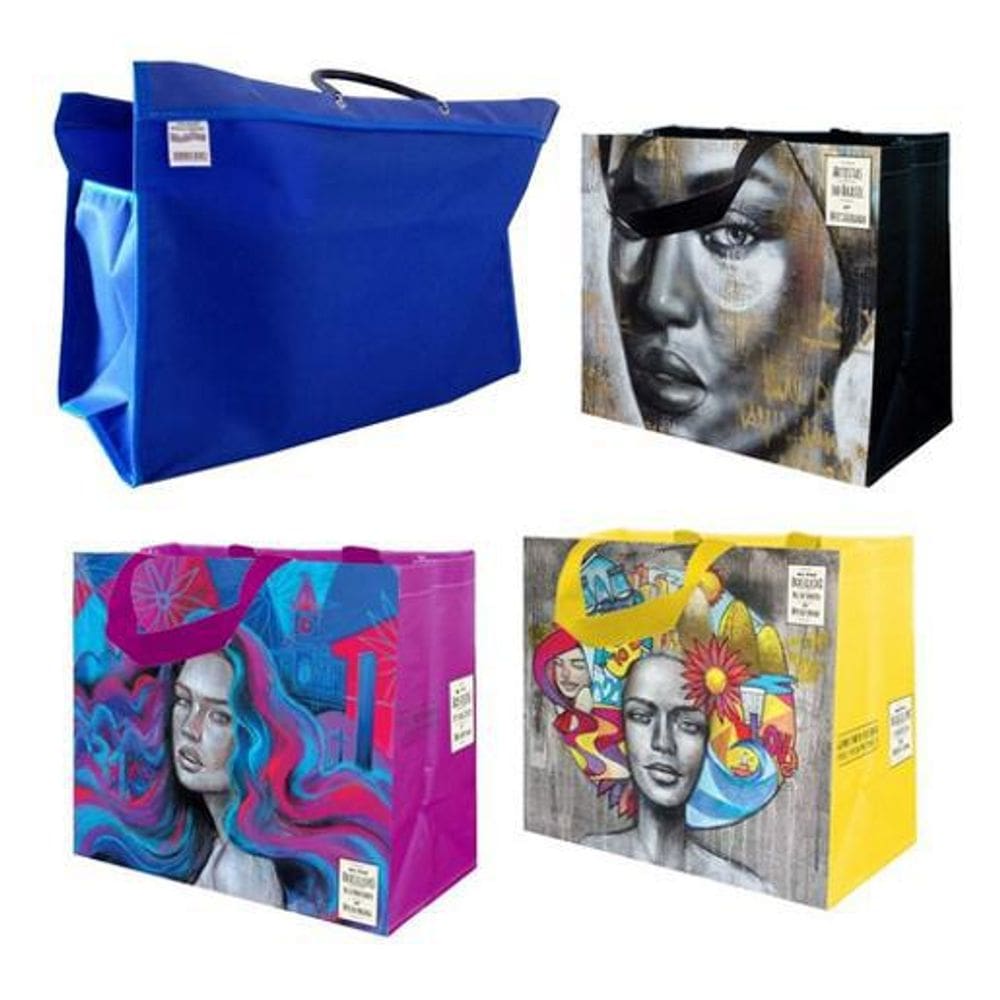 1 Sacola Lona Feira 34X48X21Cm + 3 Sacolas Ráfia 35X40X18Cm