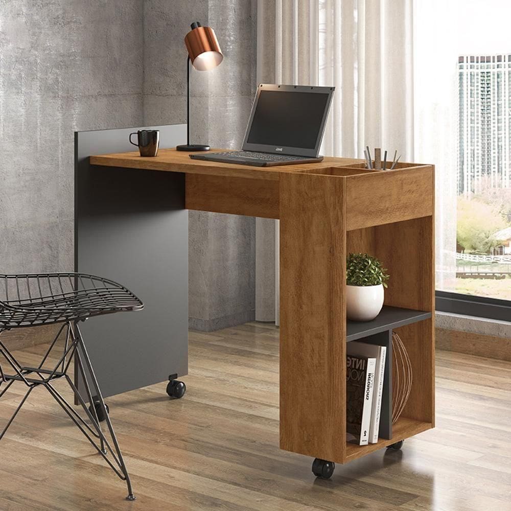 Cantinho Do Estudo Alessa M2 - Mdf 25mm Com 3 Espaços De Armazenamento E 2 Divisórias Amêndoa-chumbo - Lukaliam Móveis Amêndoa - Chumbo