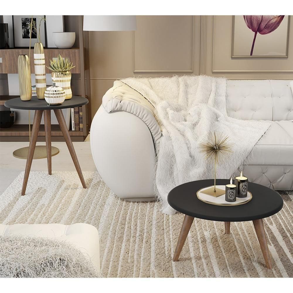 Conjunto 2 Mesas Retrô Natália - Pés Palito Lateral Apoio Mdf Mdp Preto - J3 Móveis