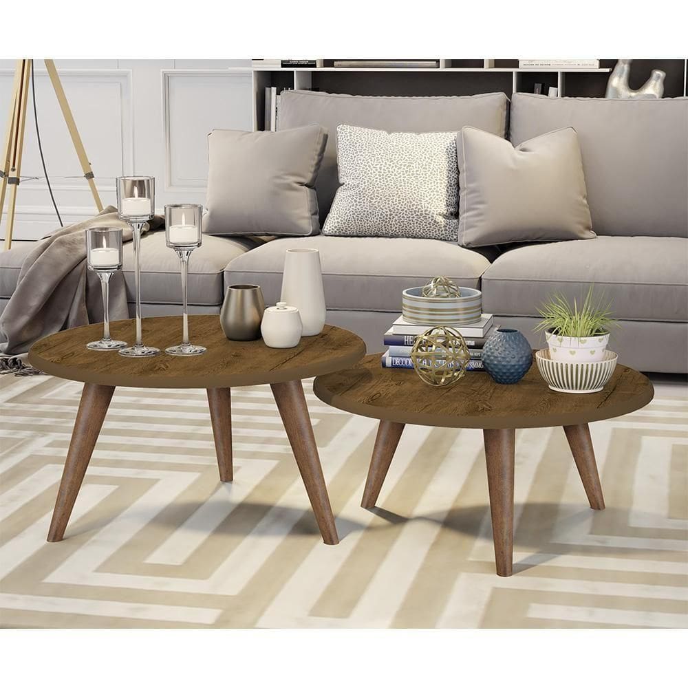 Conjunto Mesa De Centro E Mesa De Apoio Grazi - Pés De Madeira Madeirado - J3 Móveis