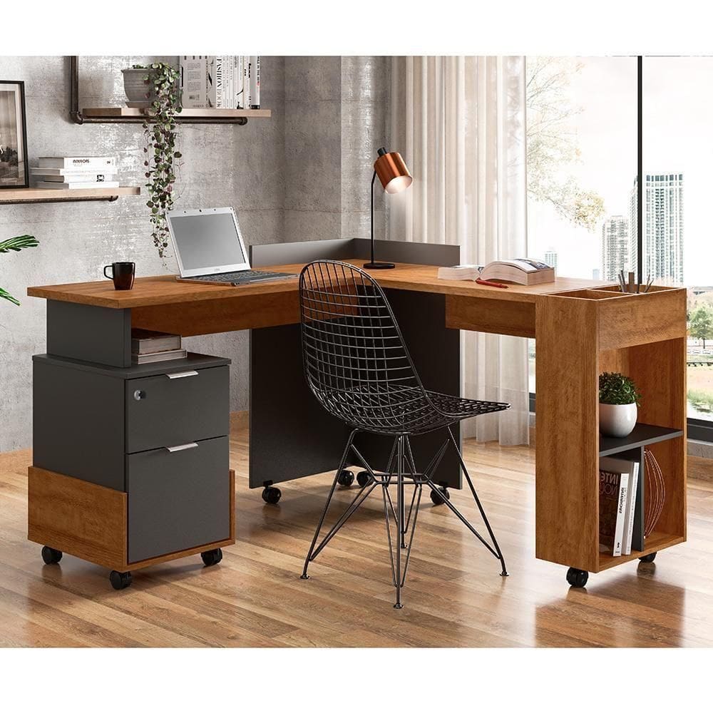 Mesa De Computador Em L Office Alessa 1 E 2 Lukaliam Móveis Amêndoa - Chumbo Amêndoa - Chumbo