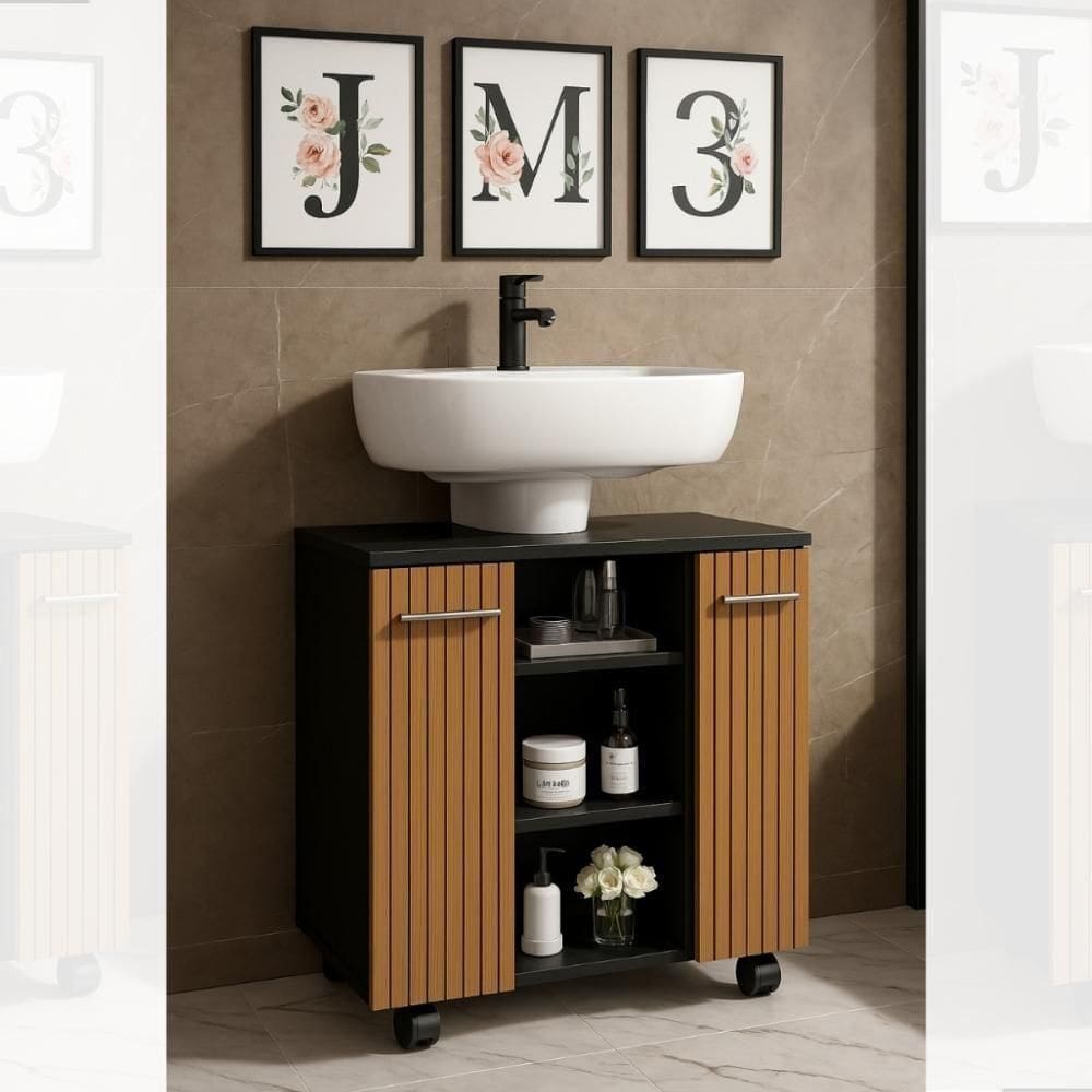 Gabinete Premium Movelove Organizador Retrô Para Banheiro Preto Ripado Preto Ripado