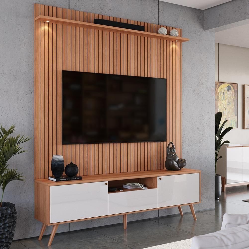 Rack Movelove 2 Portas E 1 Gaveta Com Painel Led Para 70 Polegadas River 183cm Jequitiba Ripado-off White Jequitiba Ripado-off White