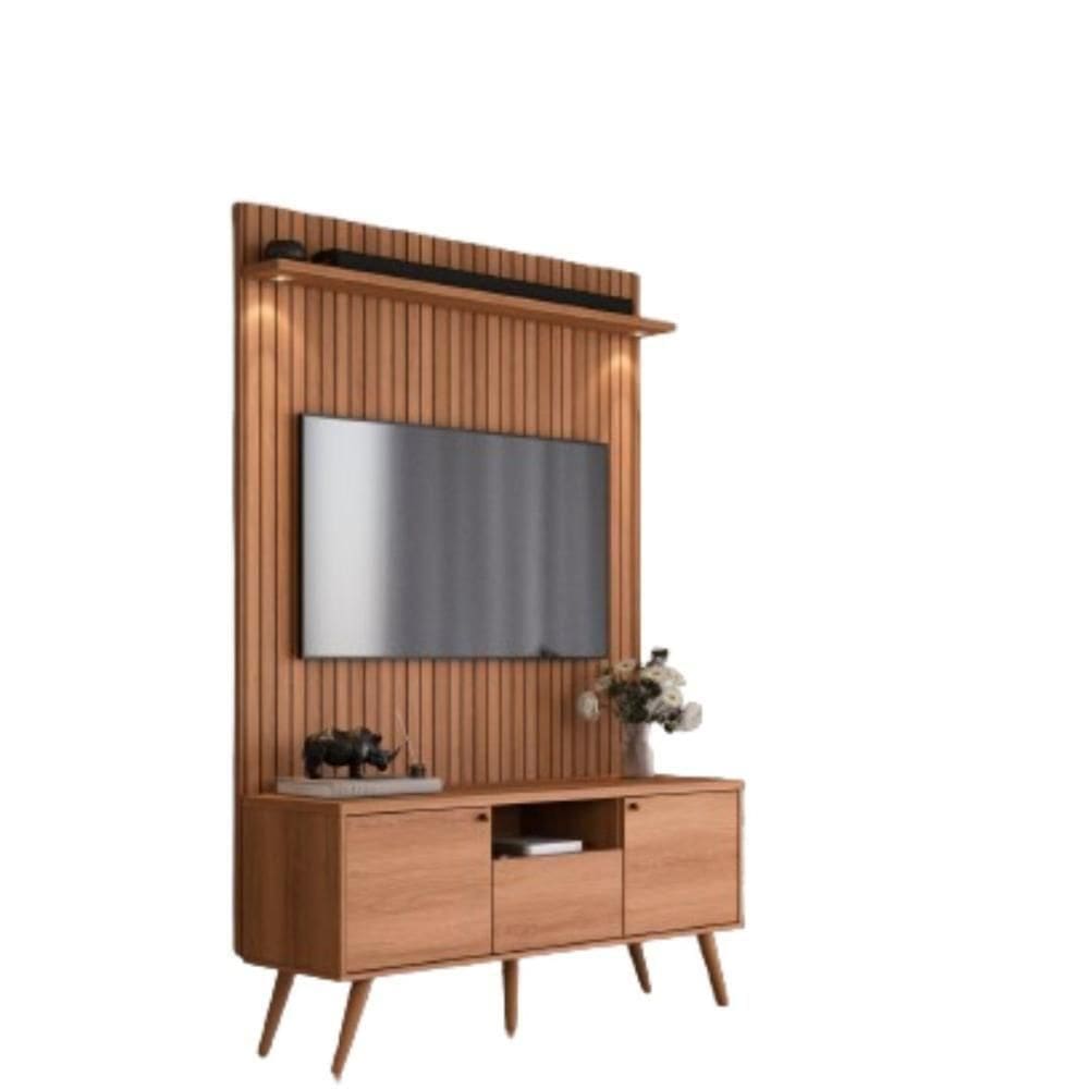 Rack River Com Painel Led - Efeito Ripado Para Até 70`` 2 Portas E 1 Gaveta - Lukaliam Móveis Jequitiba Ripado Jequitiba Ripado