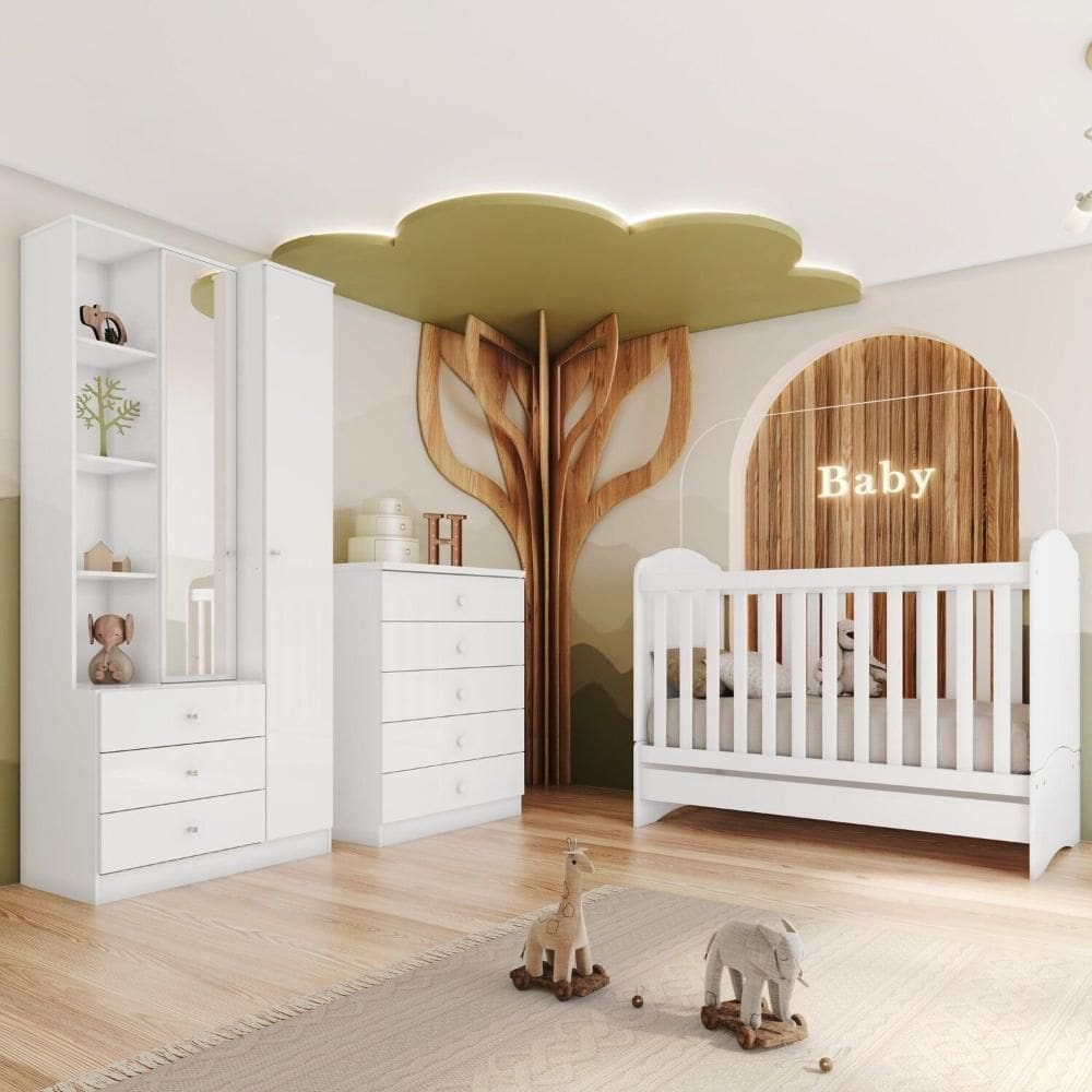 Quarto de Bebê Completo com Berço Minicama Cômoda Guarda-roupas Doha Branco