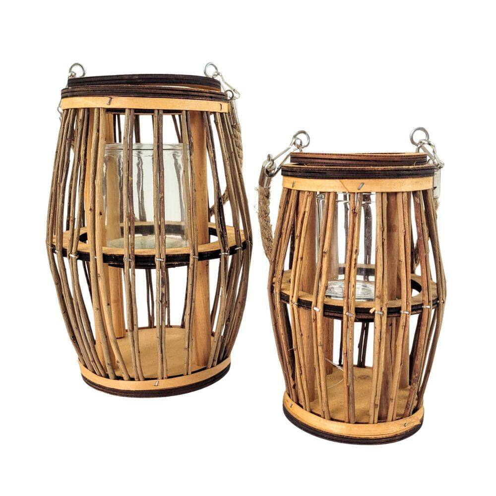 Kit 2 Lanterna Lampião Castiçal Madeira Corda Vidro Rústico