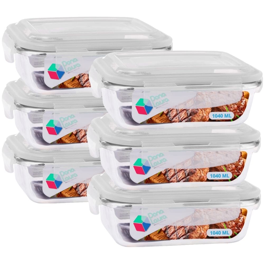 Kit 6 Potes Vidro Tampa Hermetico Anel Silicone 1040ml Retangular