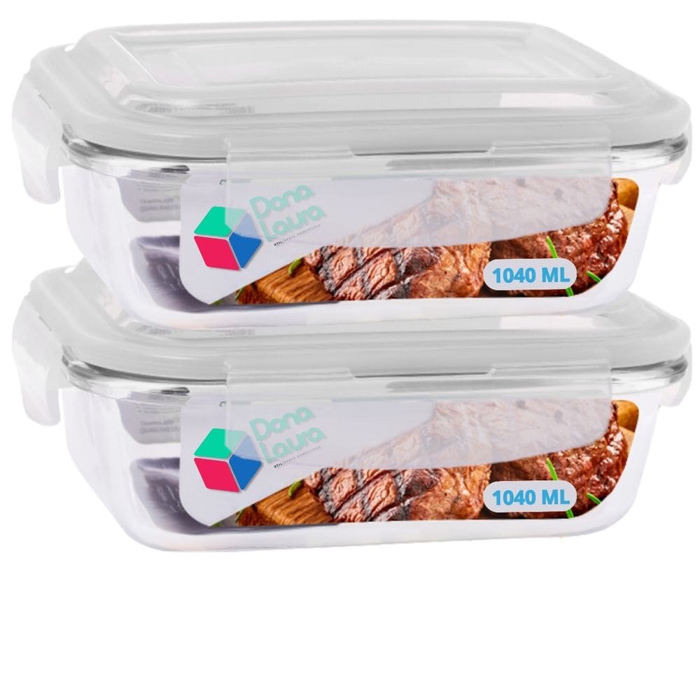 Kit 2 Potes Vidro Tampa Hermetico Anel Silicone 1040ml Retangular