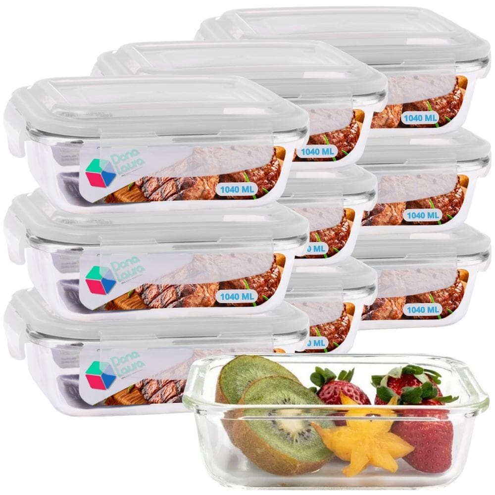 Kit 9 Potes Vidro Tampa Hermetico Anel Silicone 1040ml Retangular