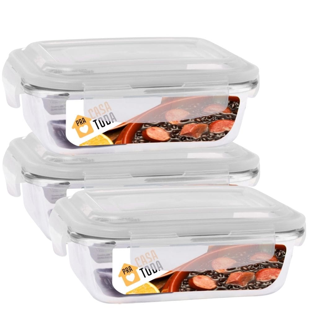 Conjunto 3 Potes Vidro Retangular 1040ml Com Tampa Marmitas Fitness