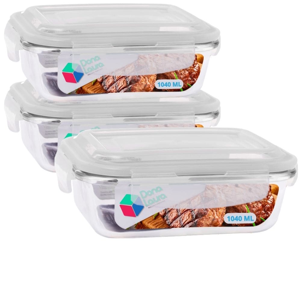 Kit 3 Potes Vidro Tampa Hermetico Anel Silicone 1040ml Retangular