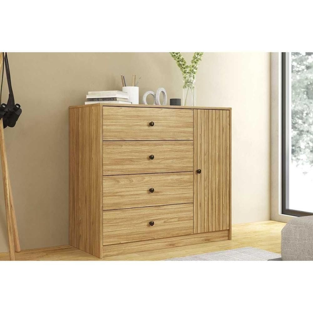 Cômoda De Quarto Mb 1059 C- 1 Porta E 4 Gavetas 100cm Mel - Movelbento