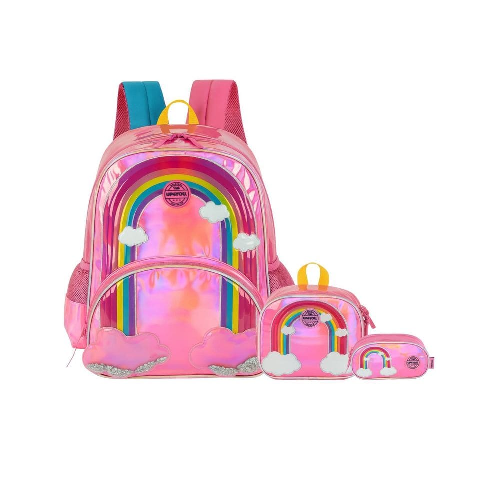 Kit Arco Íris Mochila De Costas + Lancheira + Estojo Triplo