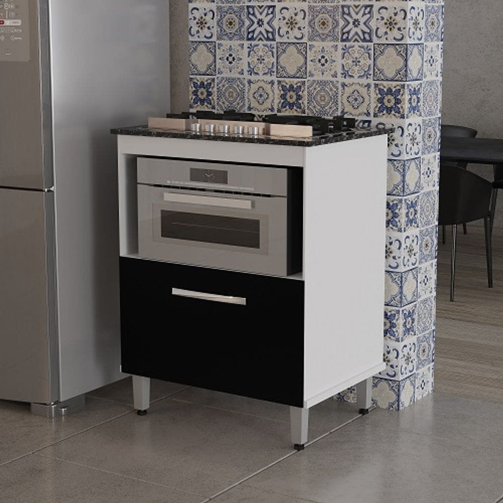 Balcão Cooktop Buriti Branco/Preto Marmorizado - Passe Bem Móveis