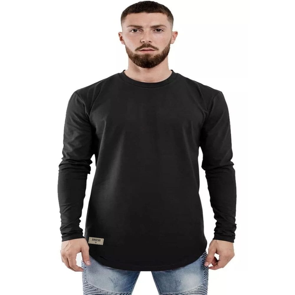 Camiseta Longline Manga Longa Preta 100% Algodão