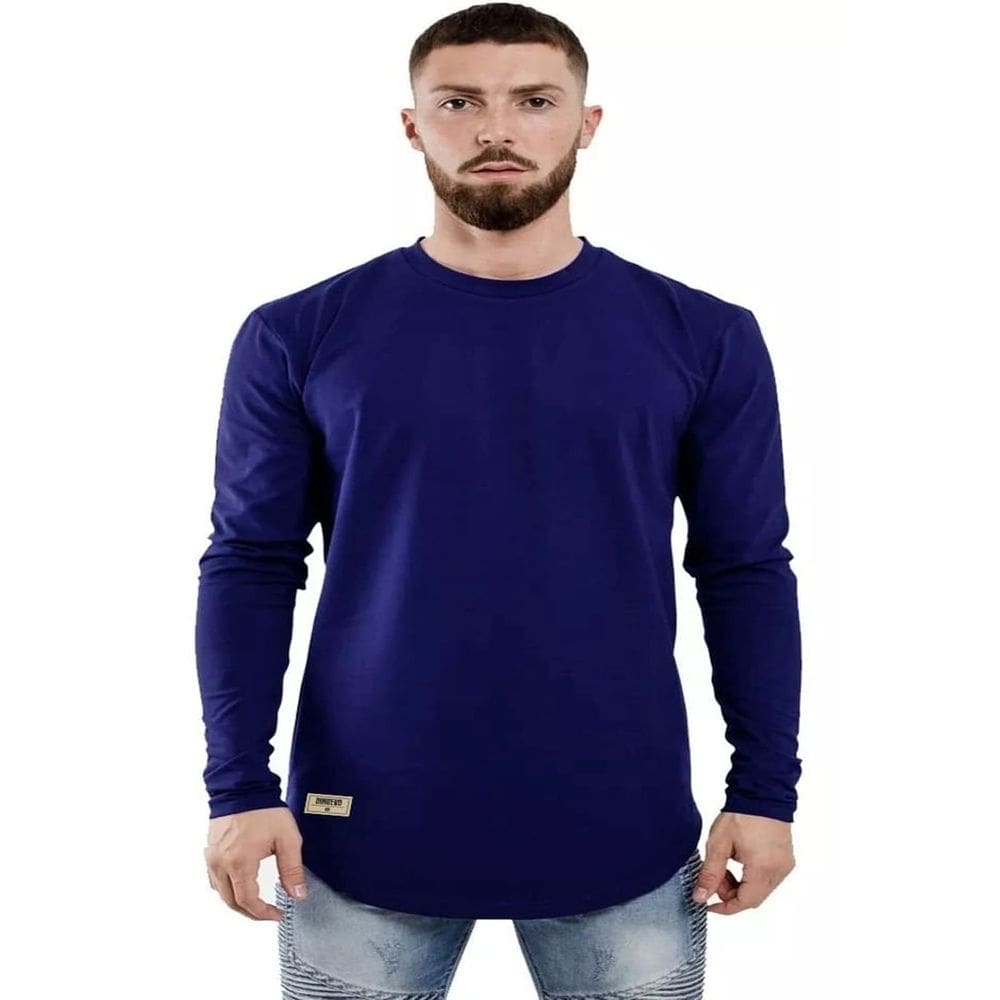Camiseta Longline Manga Longa Azul 100% Algodão