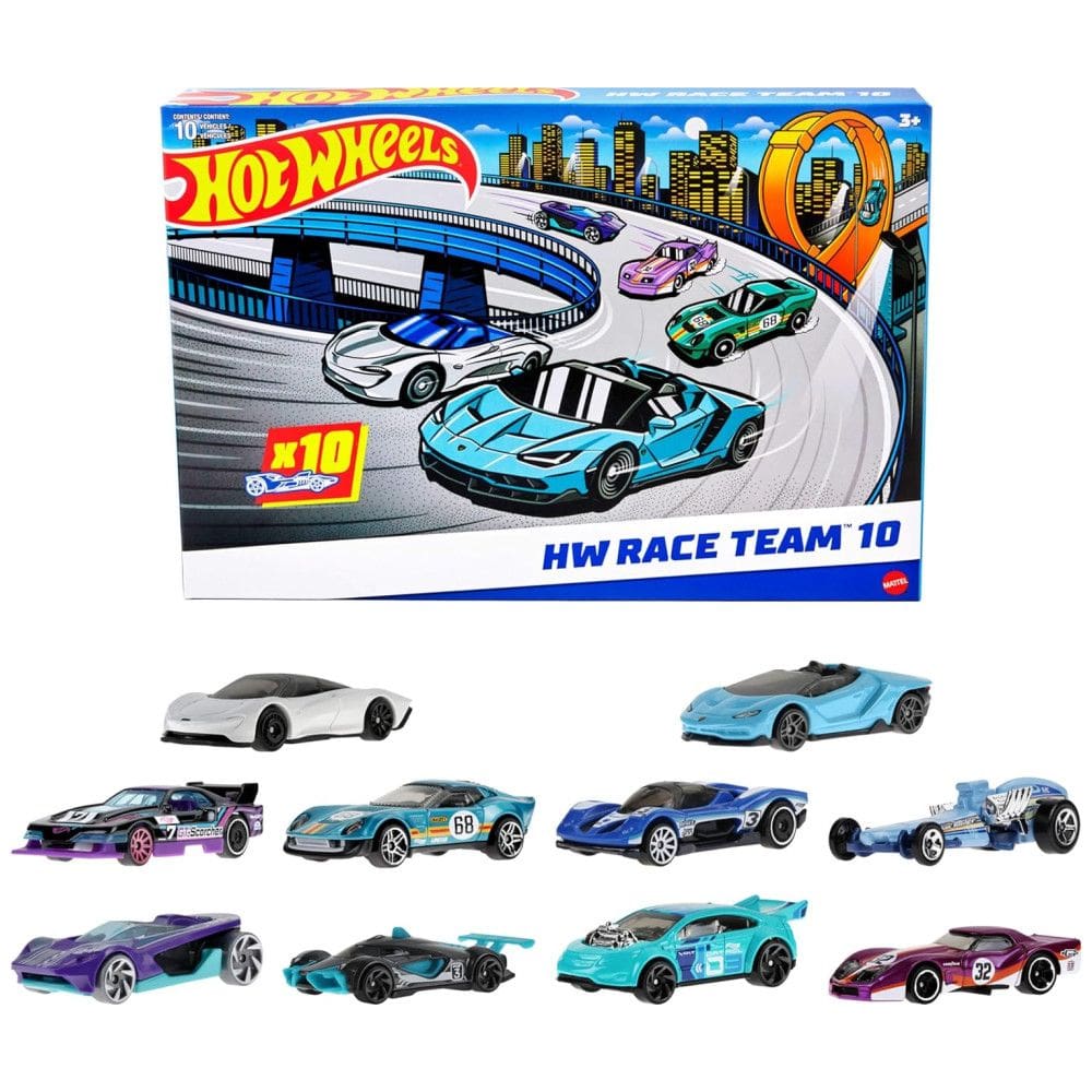 Kit Carrinhos Pacote com 10 Veículos de Corrida em Escala 1:64, Hot Wheels