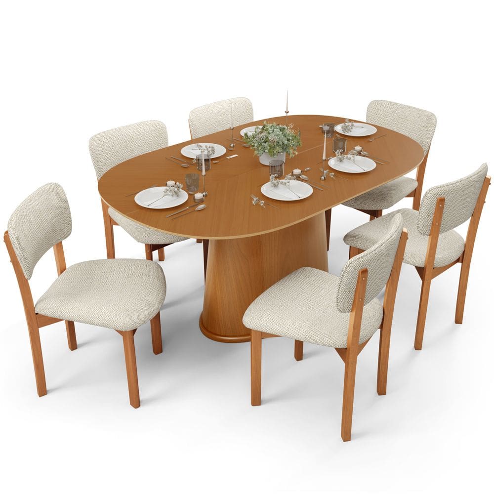 Mesa Para Sala de Jantar Valência com 06 Cadeiras Sala de Jantar Dara L02 Linho Champagne - Lyam Decor