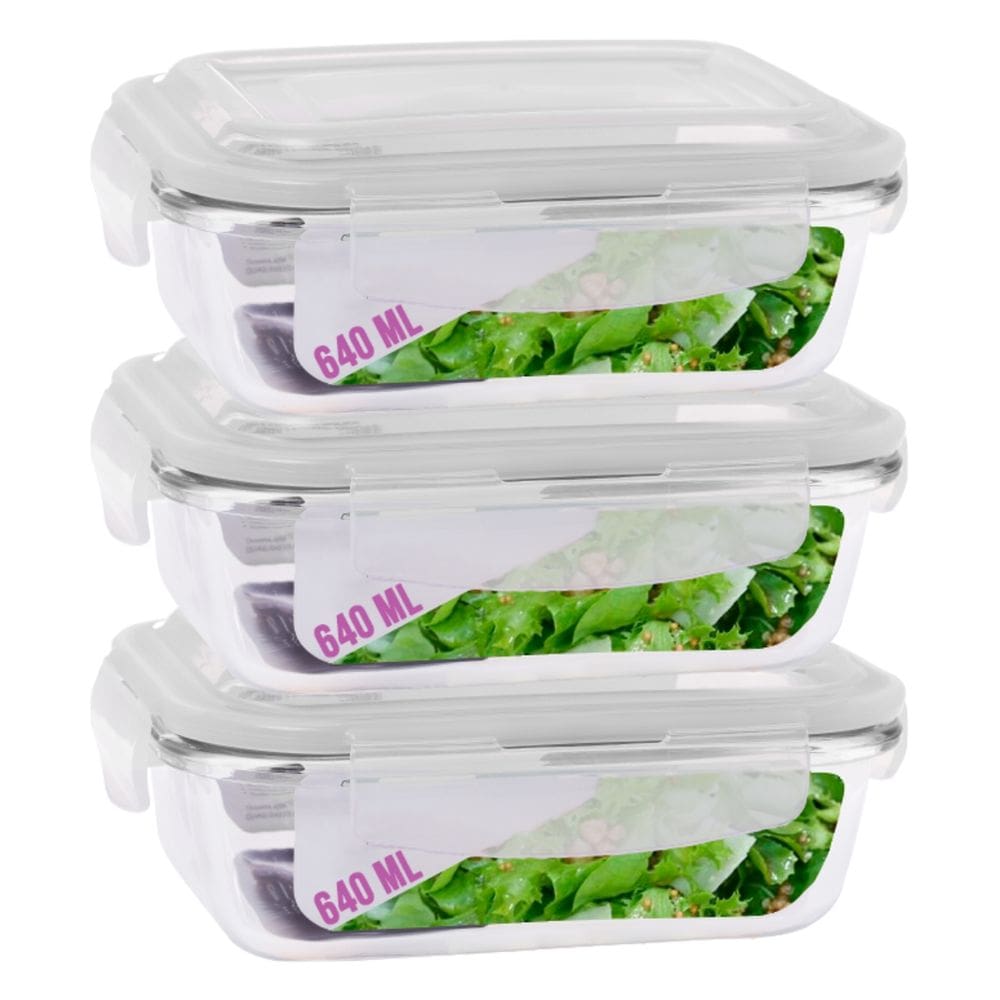 Jogo 3 Potes Vidro Retangular 640ml Marmitas Mantimentos Frutas