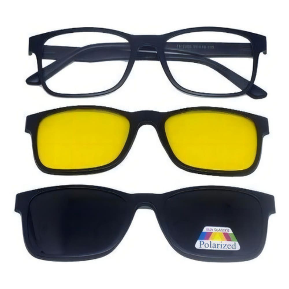 Armação De Óculos + 2 Lentes Clip On De Sol E Noturna Md2303 Cor Preto Cor Da Armação Preta Cor Da Lente Amarela E Preta