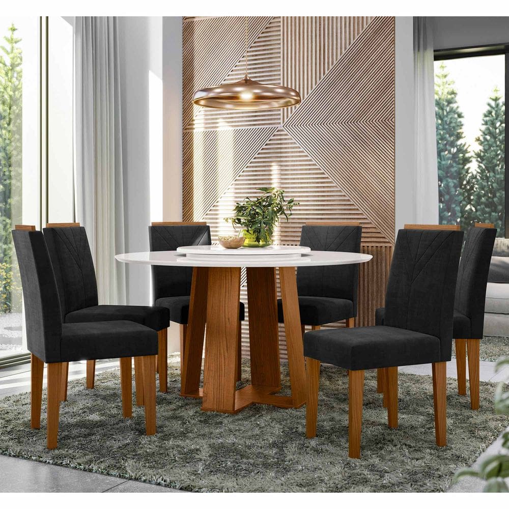 Conjunto Sala de Jantar Mesa Isabela 1,35m com Tampo Giratório e 6 Cadeiras Amanda Ypê/Off White/Ja03 - New Ceval