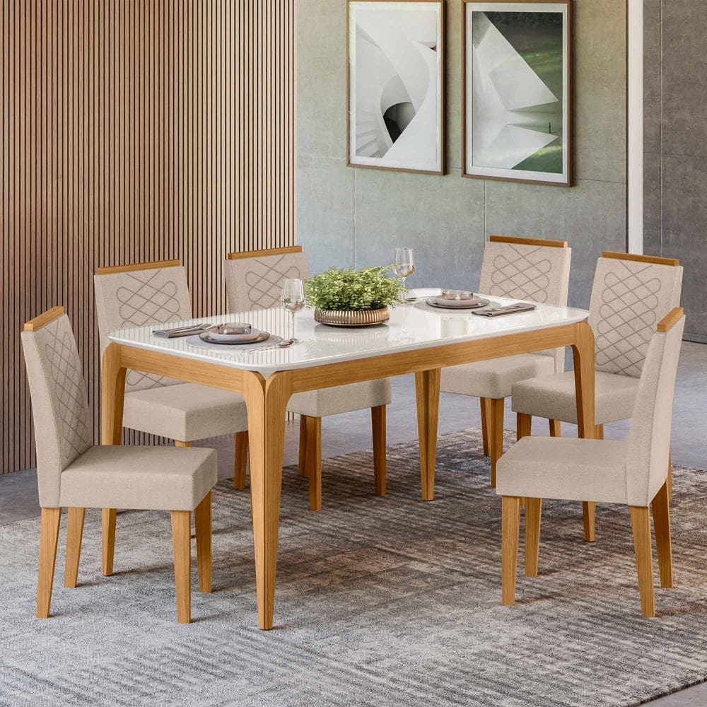 Conjunto Sala de Jantar Mesa 1,60m com 6 Cadeiras Aurea Ypê/Off White/Al10 - New Ceval