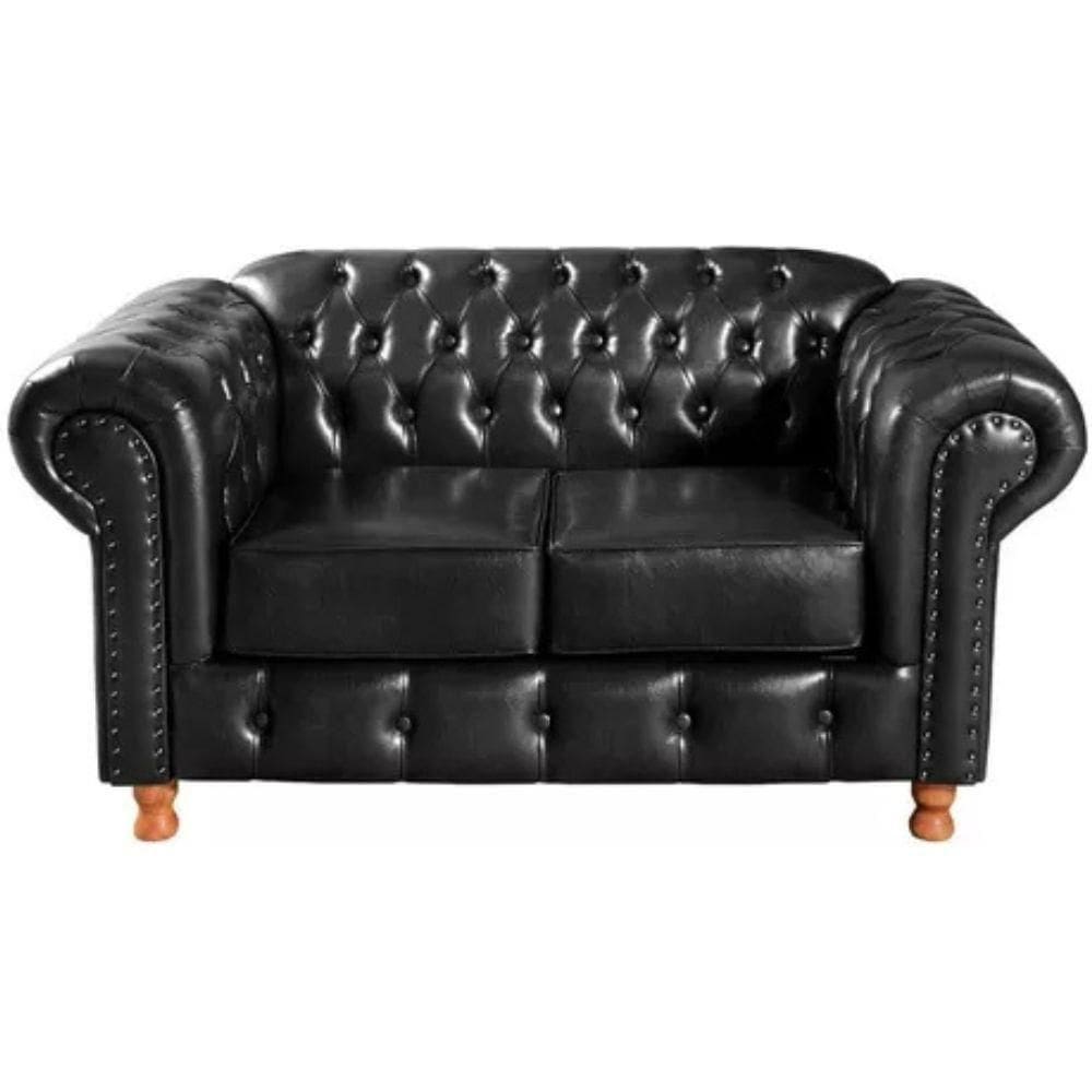Sofá Chesterfield 2 Lugares Luís Xv Vintage Retrô Capitonê Couro Preto