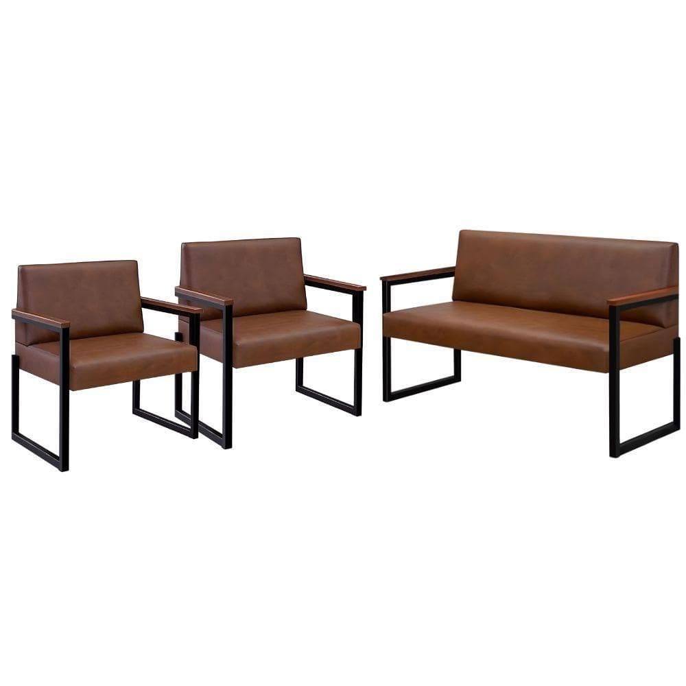 Conjunto Sofá 2 Lugares E 2 Poltronas Niterói Couro Marrom Em Metal Preto