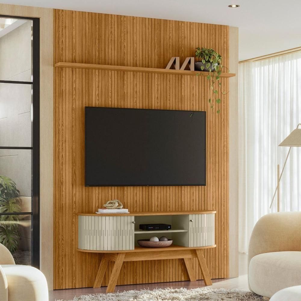 Conjunto New Silverstone Painel Com Prateleira E Rack Cumaru/opala