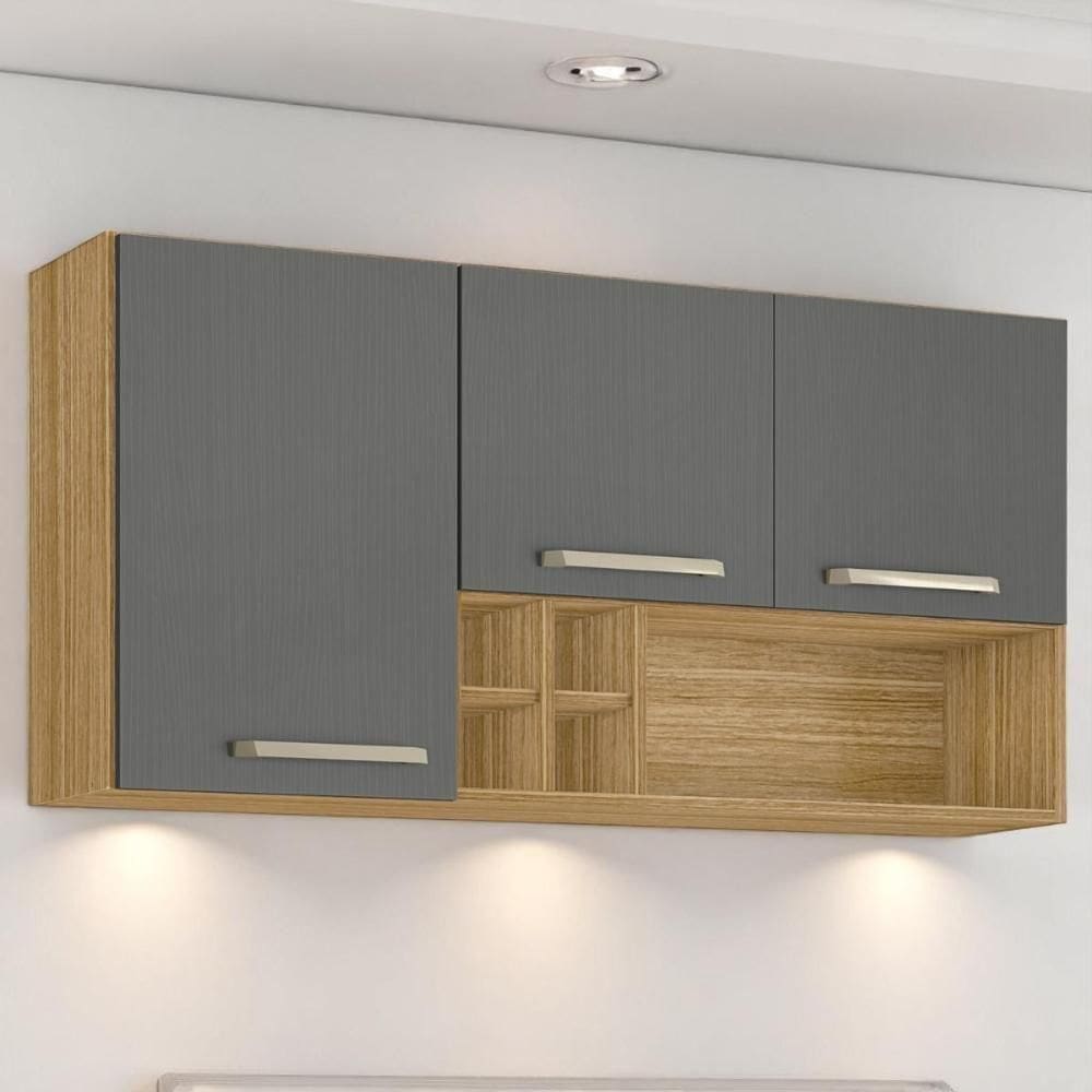 Armário Susp. 3 Portas 4 Gaveteiros 1,20 Lapis Freijó Gris