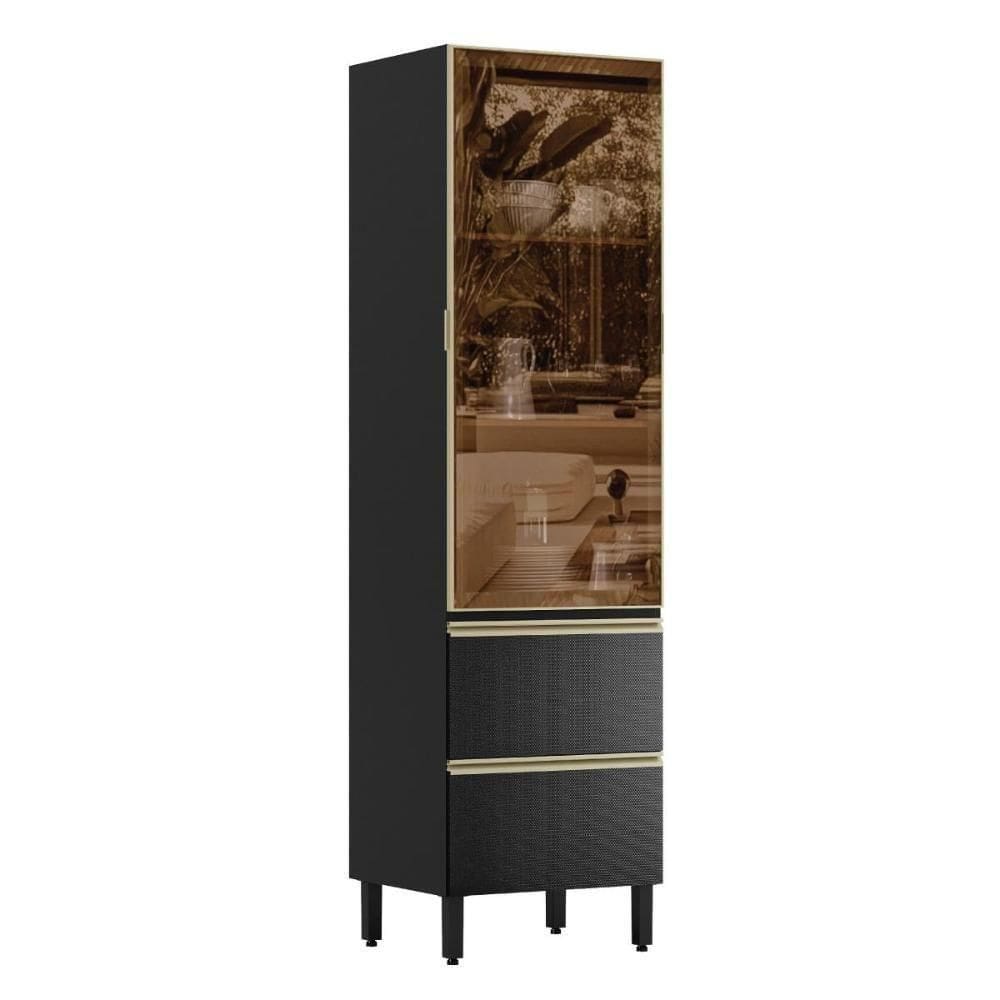 Cristaleira Proença 70cm 1 Porta Vidro Reflecta E 2 Gavetas Nogueira Touch-carbono  - Demartêz