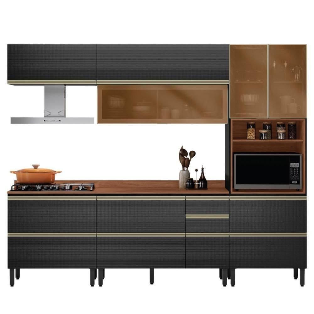 Cozinha Modulada Proença 5 Peças Com Aéreo 80cm Nogueira Touch-carbono Prime Tx - Demartêz