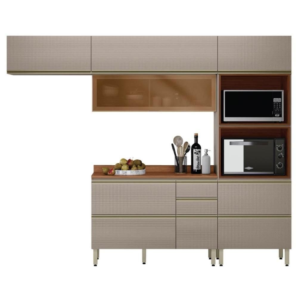Cozinha Modulada Proença 4 Peças Balcão 120cm Nogueira nude Prime Tx Com Tampo Em Mdf - Demartêz