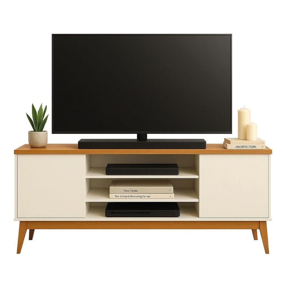 Rack Bancada Para Até 60 Polegadas 1,60m 2 Portas 3 Nichos Titan Off White / Madeirado Edn Off White / Madeirado